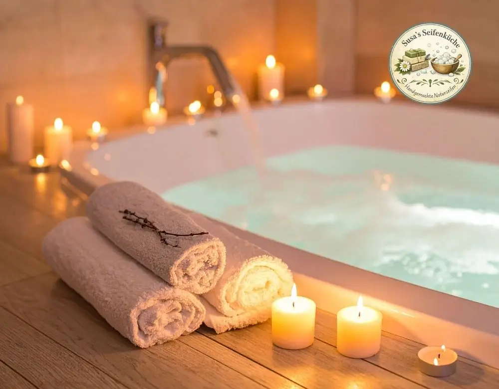Badewanne, davor brennende Kerzen und 3 Handtuchrollen