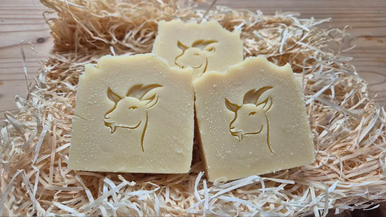 3 Stück Ziegenmilchseife auf Stroh und Holzunterlage
